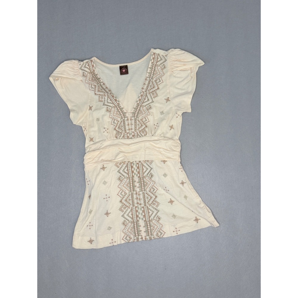 VINTAGE Language Los Angeles Embroidered V-Neck Tie Back Top Cream Small